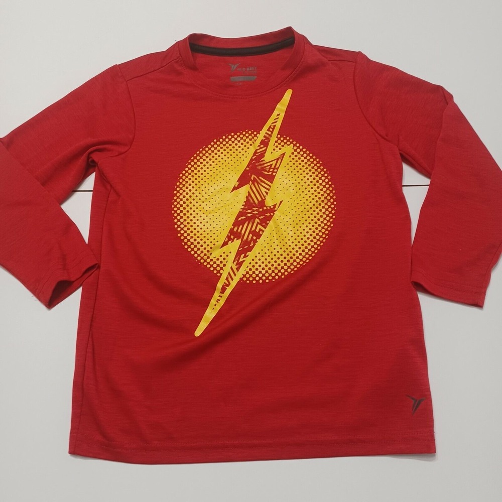 Old Navy Active Boys XS 5 Flash Go-Dry Red Long Sleeve Lightening Bolt Yellow